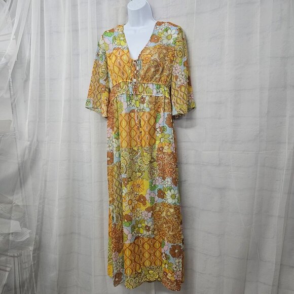 NWOT Emma & Michelle Orange Blue Floral Patchwork Hippie Dress Maxi Boho S - Picture 6 of 13